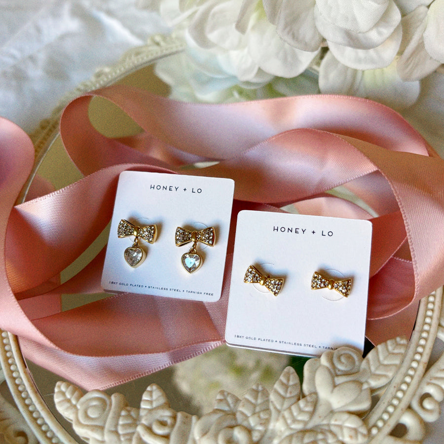 Precious Bow Heart Stud Earrings