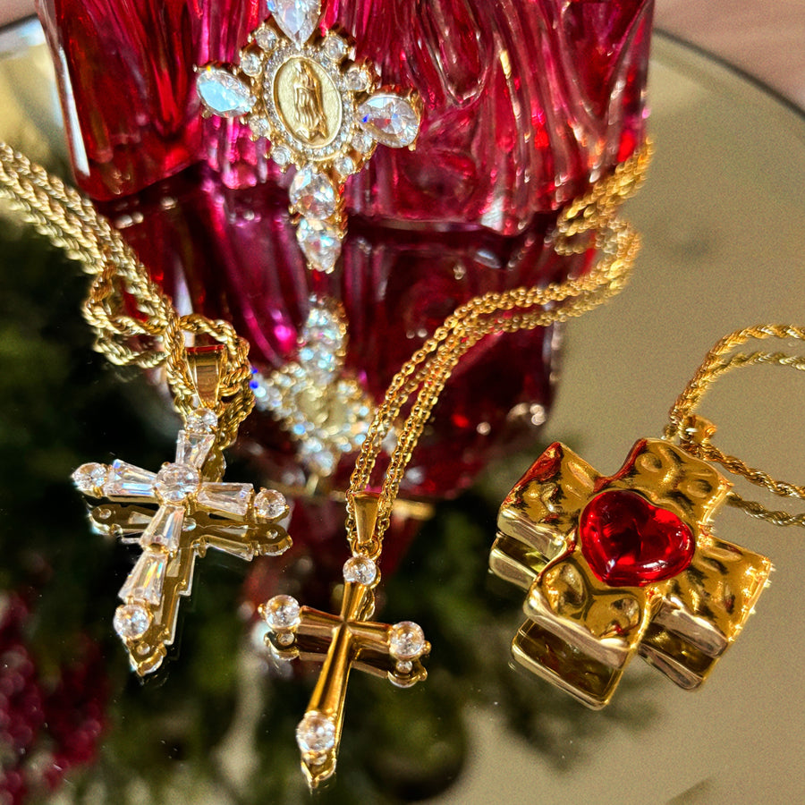 Ruby Hammered Heart Cross Necklace