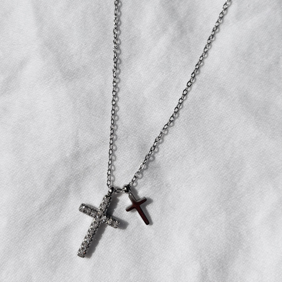 Angelic Silver Double Charm Cross Necklace