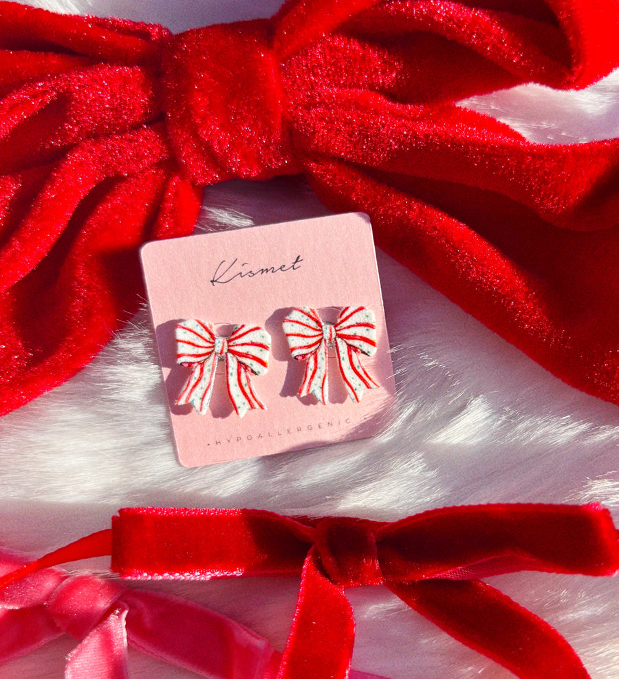 Candy Cane Striped Bow Ribbon Studs