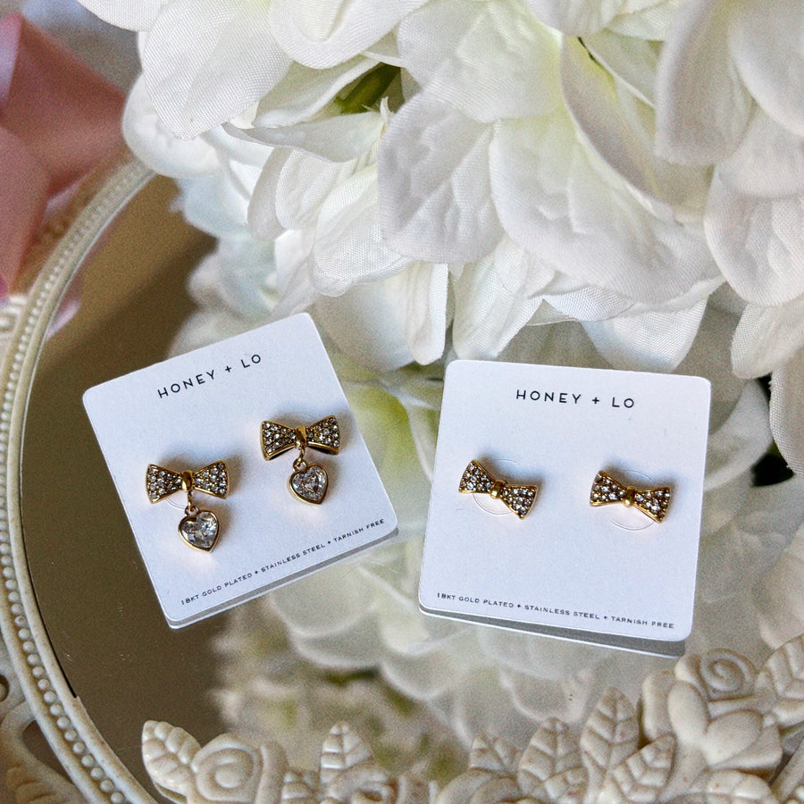 Precious Bow Heart Stud Earrings