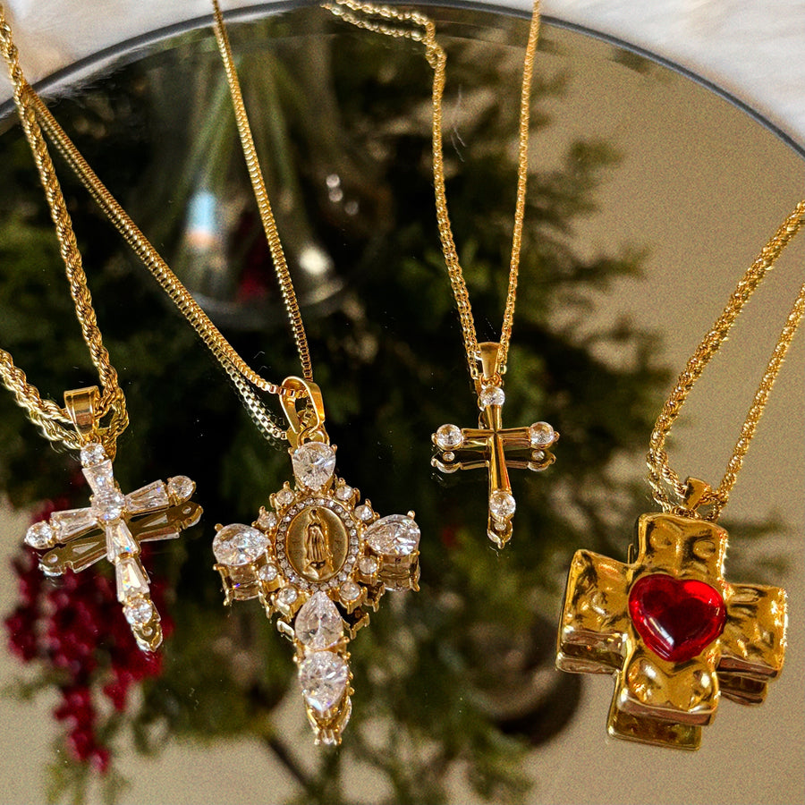 Ruby Hammered Heart Cross Necklace