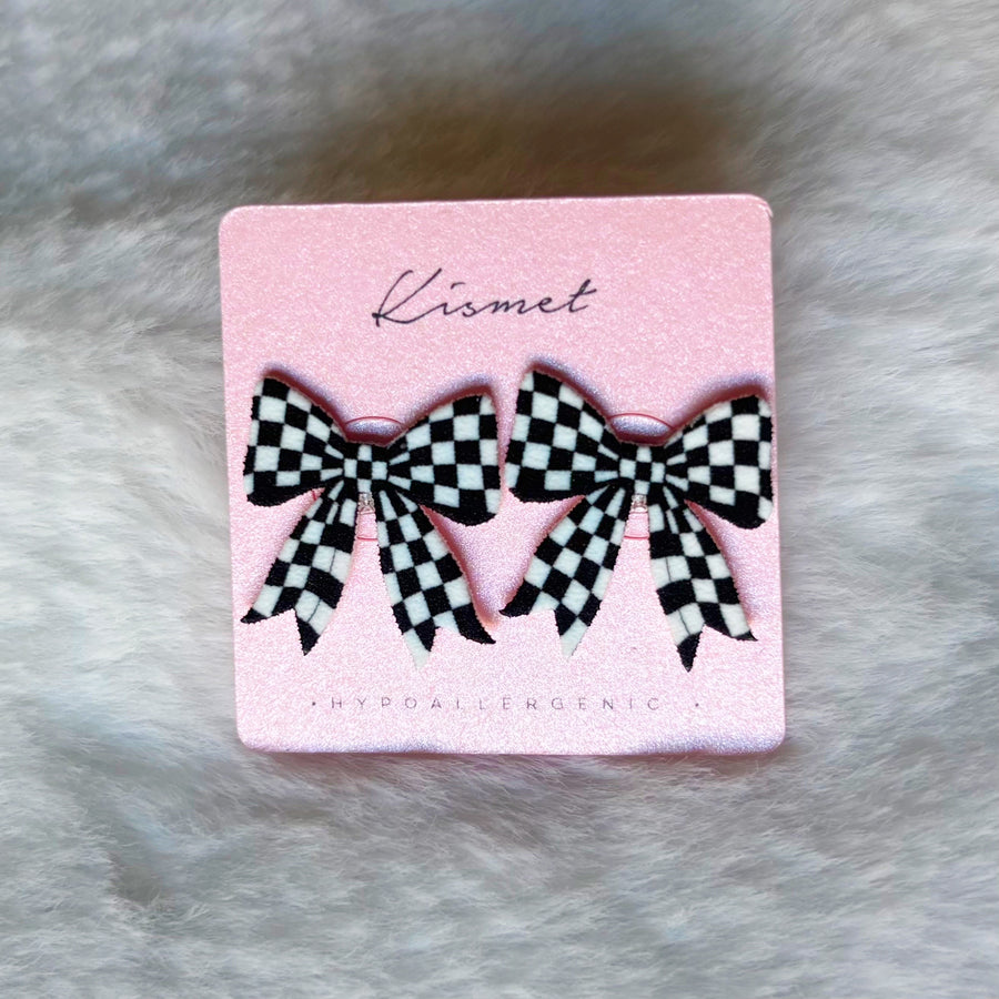 Checkered Bow Ribbon Studs