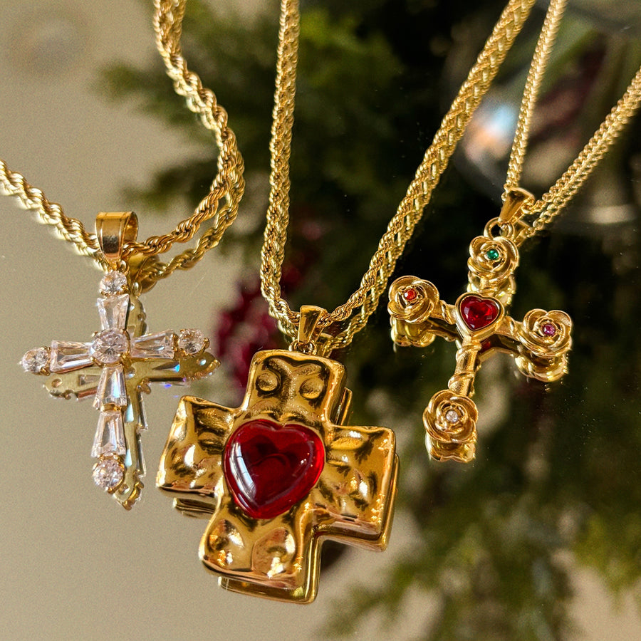 Ruby Hammered Heart Cross Necklace