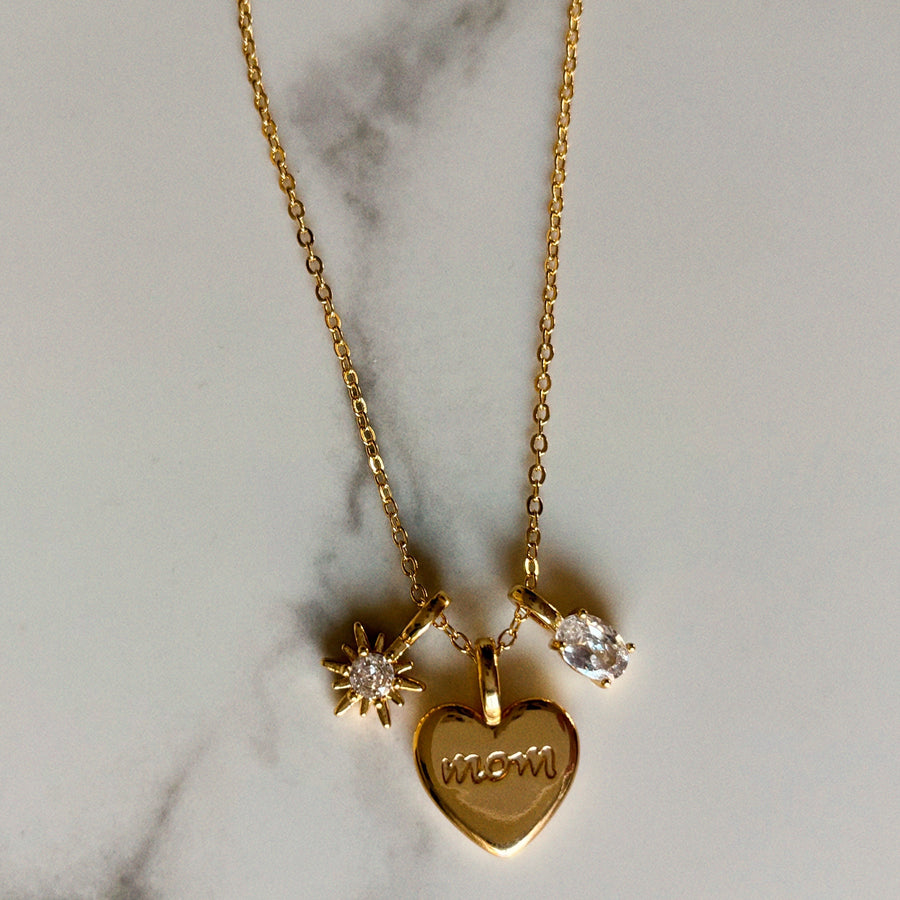 Engraved Mom Heart Multi Charm Necklace