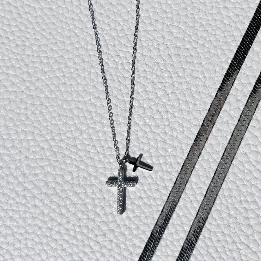 Angelic Silver Double Charm Cross Necklace