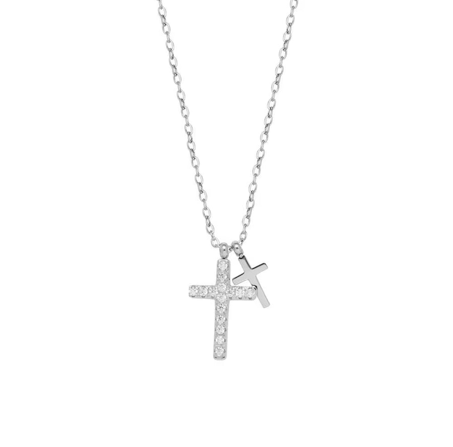 Angelic Silver Double Charm Cross Necklace