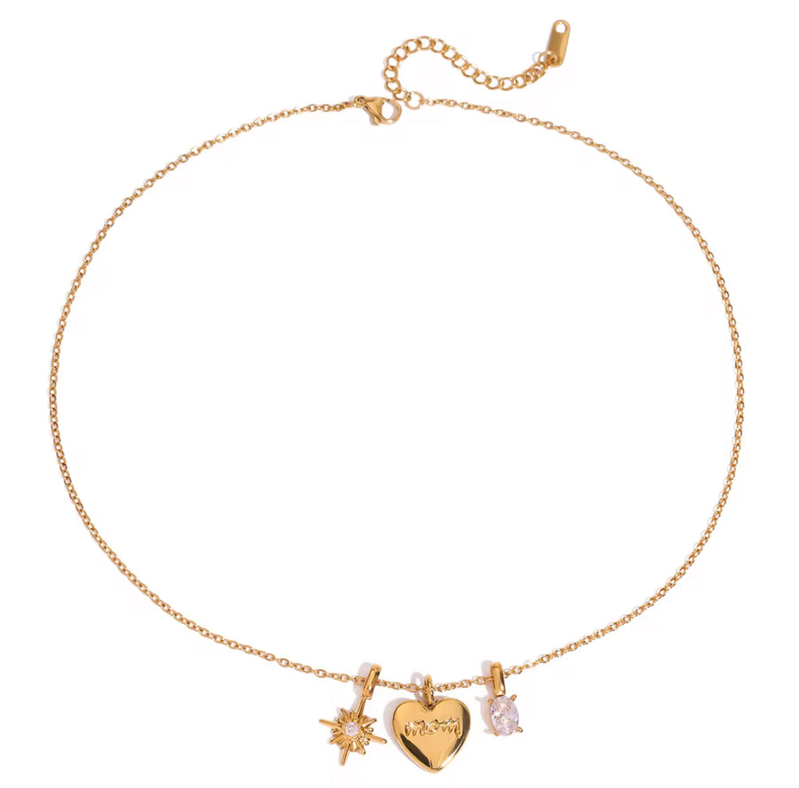 Engraved Mom Heart Multi Charm Necklace
