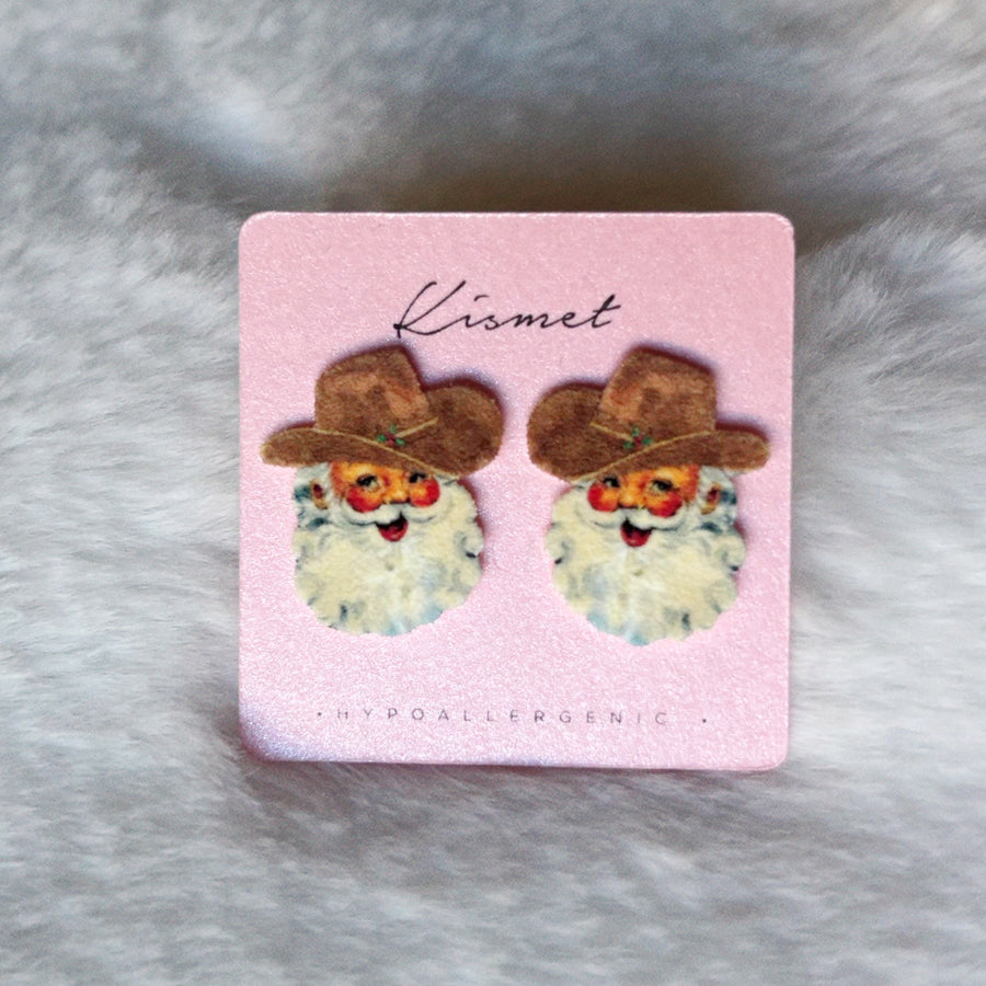 Vintage Mistletoe Cowboy Santa Studs