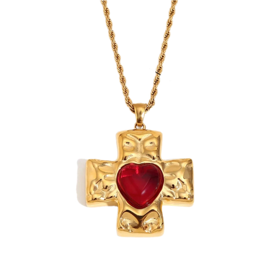 Ruby Hammered Heart Cross Necklace