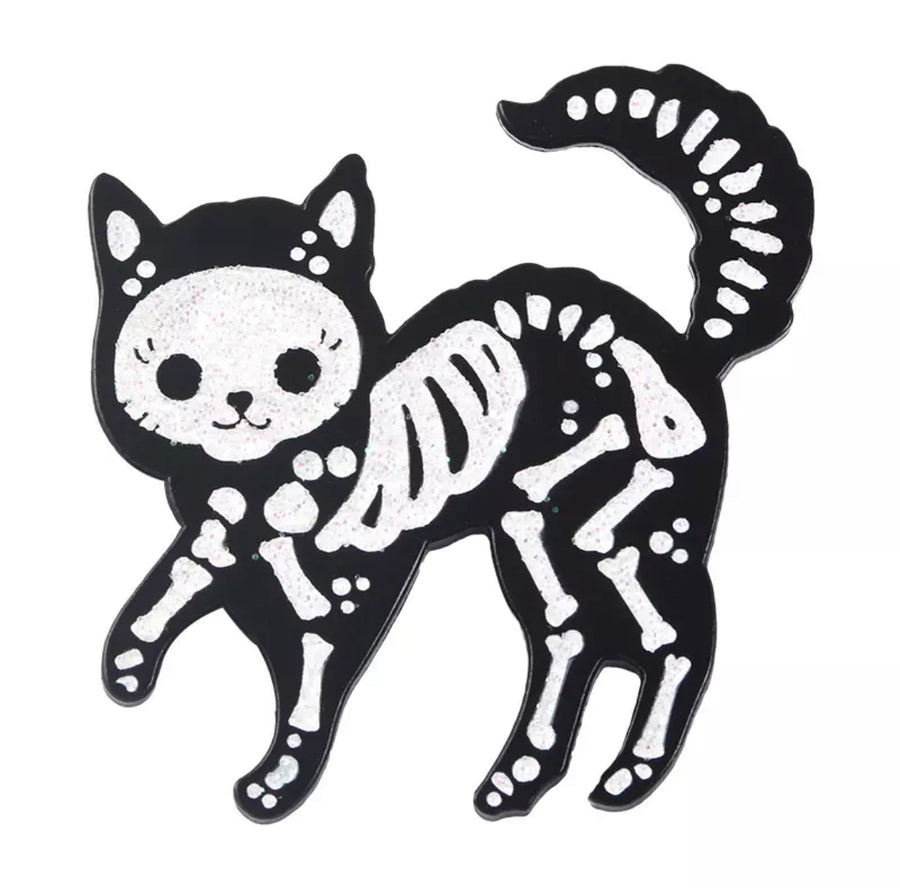 Skeleton Kitty Glitter Enamel Pin